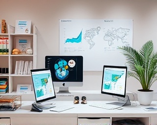 advanced internet strategy development, strategic and methodical, refining marketing approaches, photorealistic, clean and organized workspace with digital devices, highly detailed, digital maps and graphs in use, 5K resolution, calm neutrals, focused task lighting, shot with a macro lens.