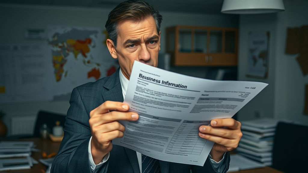 Worried business owner holding incomplete business info sheet, SEO for local businesses