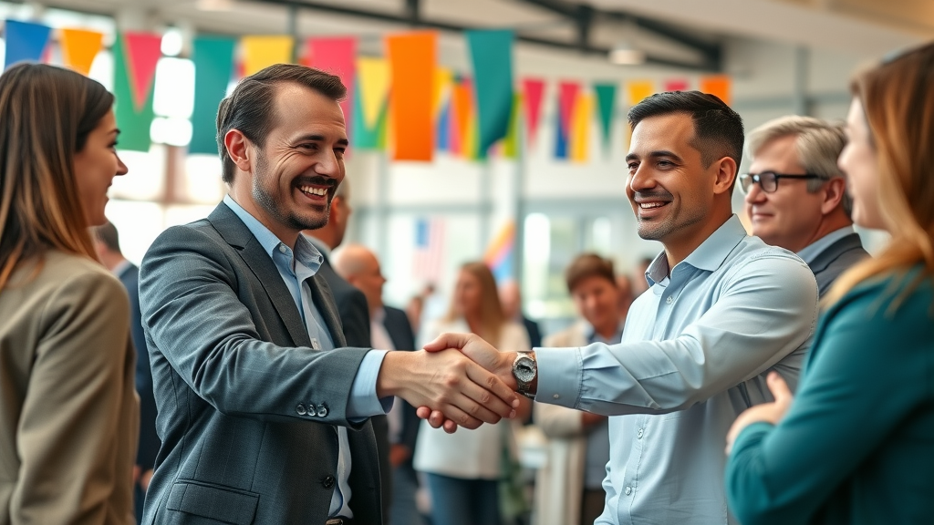 Local business owners shaking hands at networking event, off-page SEO partnership
