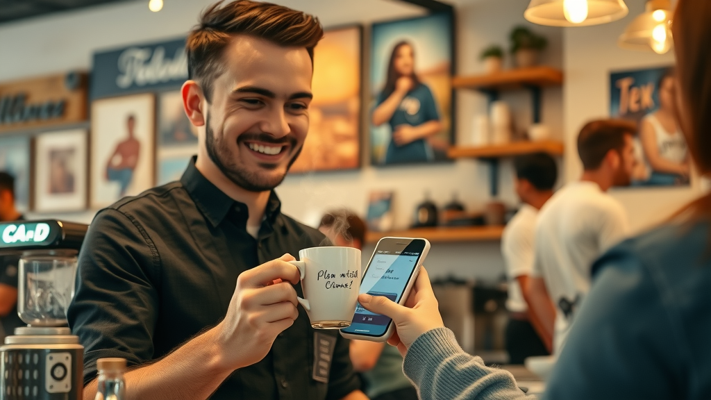 Barista serving personalized coffee to a loyal local customer, highlighting local audience engagement
