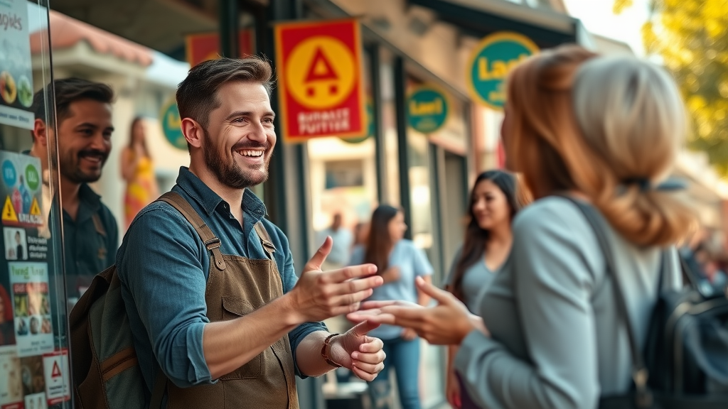 content marketing for local businesses vibrant small business storefront cheerful business owner engaging with local customers