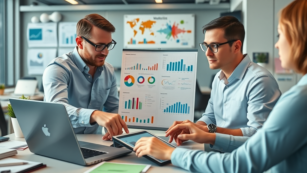 Organized marketing planning workspace, entrepreneurs analyzing charts, planning small business marketing ideas