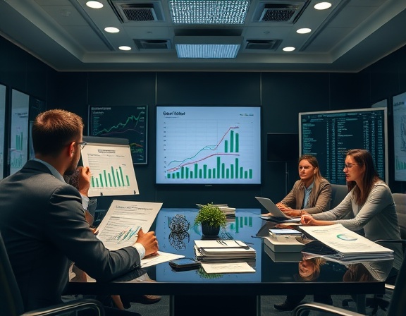 strategic PPC budget, thoughtful calculation, forecasting expenditure, photorealistic, business meeting room with financial reports, highly detailed, animated budget charts, numerical precision, dark green and metallic, overhead lighting, shot with a 85mm lens