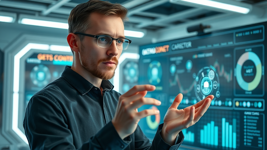 high-tech marketer interacting with AI-powered content dashboard - ai tools content marketing trends