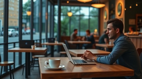 engaging faq advertising, curious, reviewing case studies, photorealistic, relaxed cafe with wooden tables, highly detailed, coffee cups and laptops, soft, evening ambiance, shot with a 35mm lens.