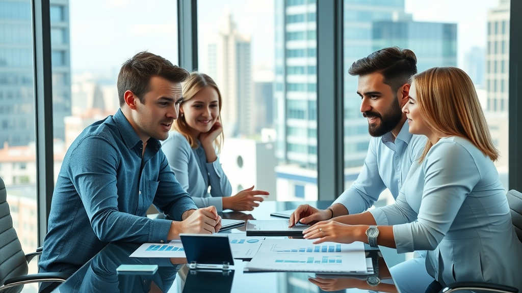 content marketing tips team discussing growth data and statistics in a modern office
