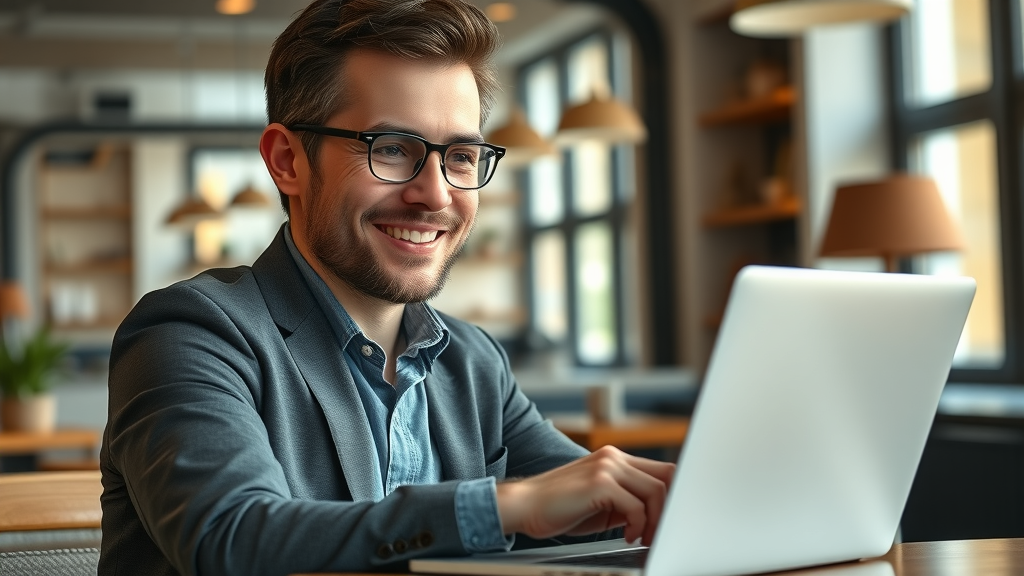 Entrepreneur using laptop to update Google Business Profile, local business SEO