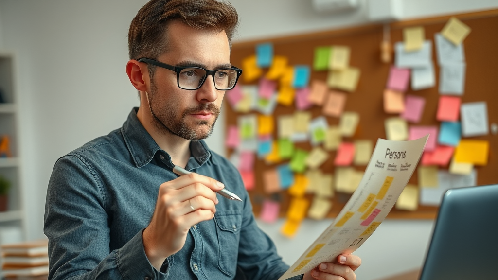 Thoughtful content creator defining target audience and mapping pain points for targeted content creation using sticky notes and creative brainstorming techniques