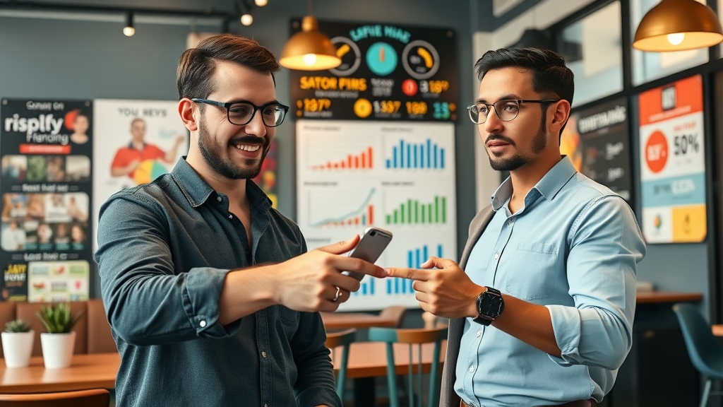 two business owners analyzing local stats for a bustling local business in a downtown coffee shop – local content marketing strategies