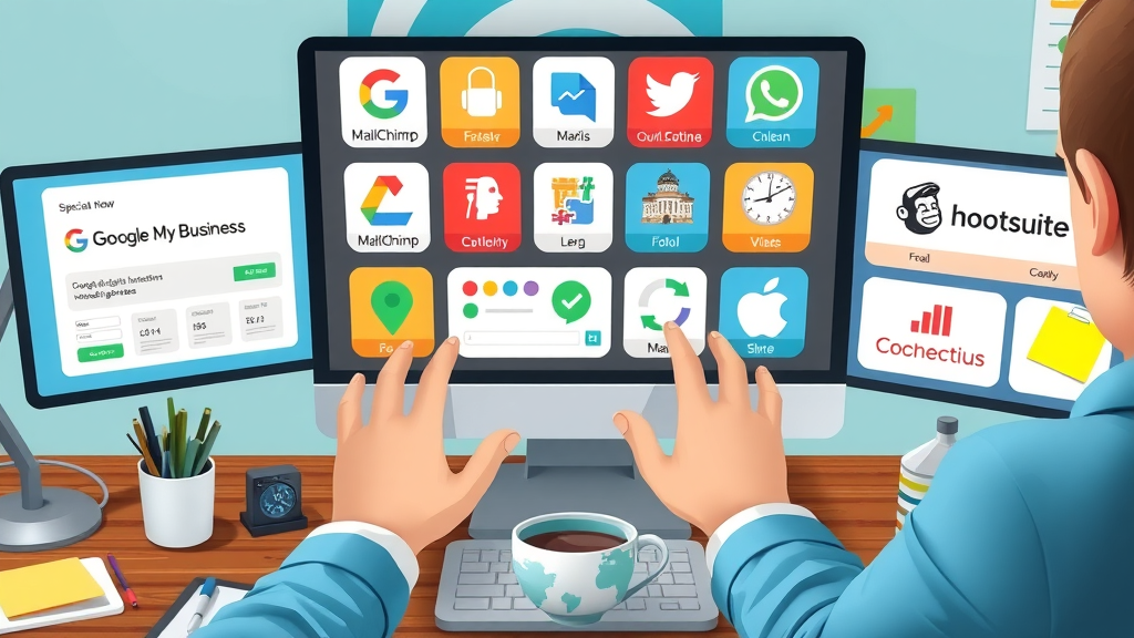 essential tools for local business digital marketing such as Google My Business, Mailchimp, and Hootsuite