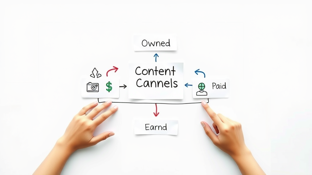 owned, earned, paid content distribution channels diagram with strategy flow arrows