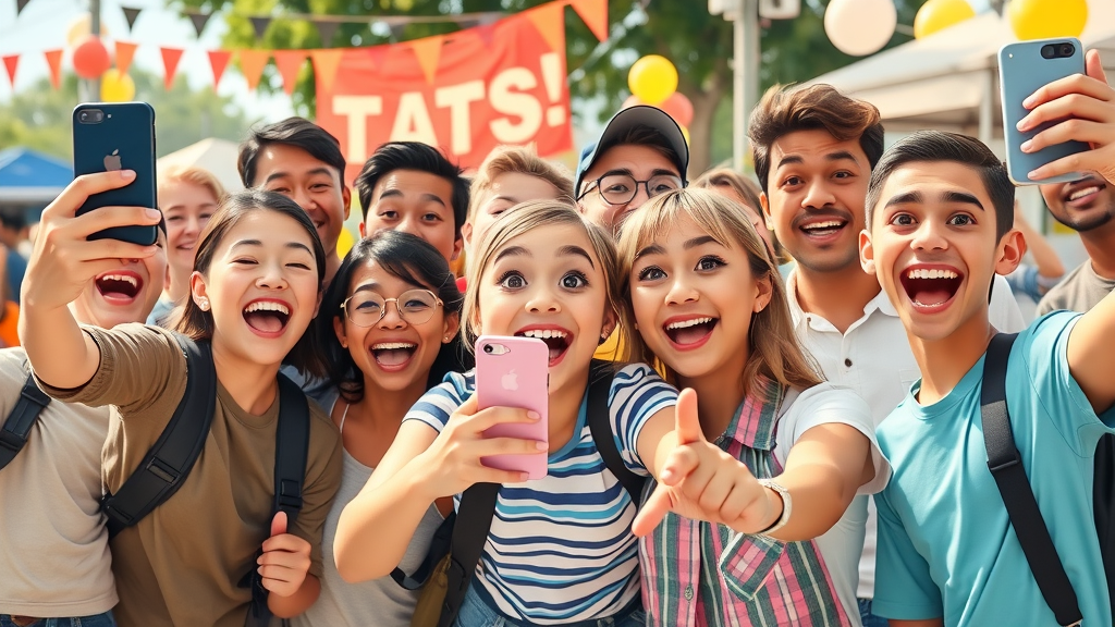 Diverse local audience taking selfies and engaging at a festive local event