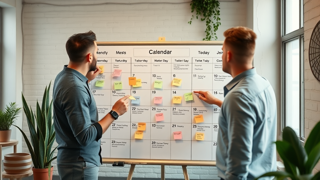 team plans monthly content calendar for local marketing strategies in coworking space