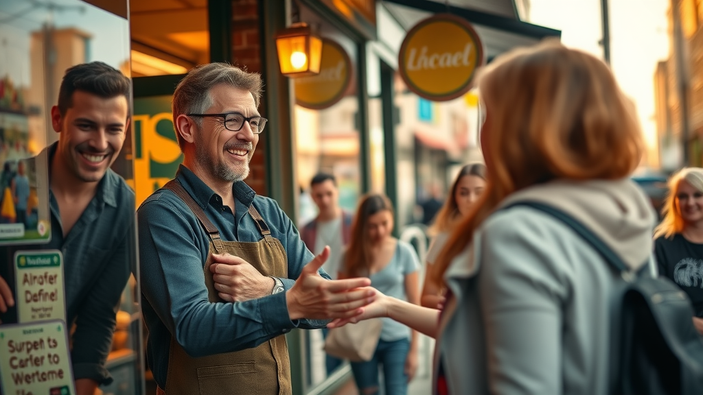 friendly local business storefront owner greets customers on a vibrant main street – local business branding for the local market