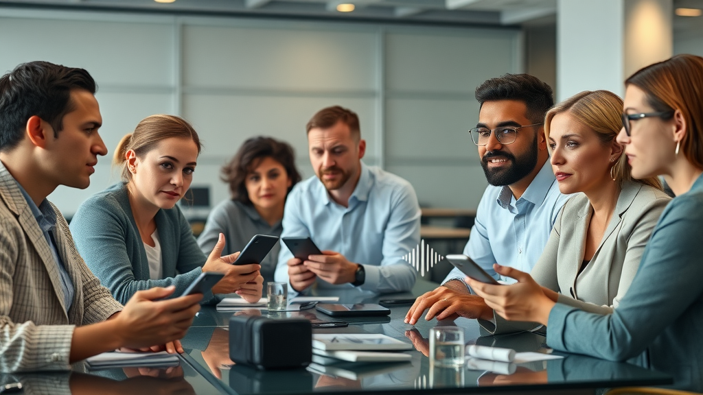 marketing team brainstorming voice search strategies with smart devices - voice search content marketing trends