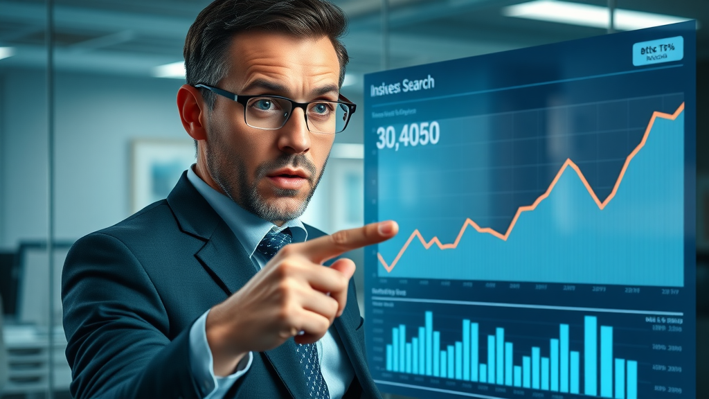 Infographic showing local business owner analyzing declining search ranking graph, SEO for local businesses