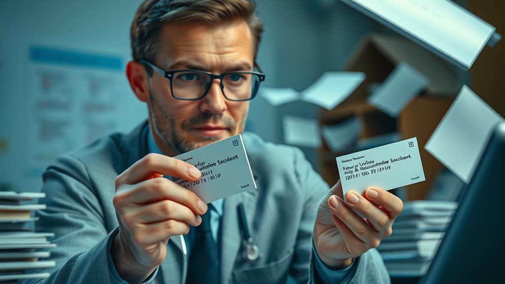 Technician comparing business cards with mismatched addresses, local SEO mistake