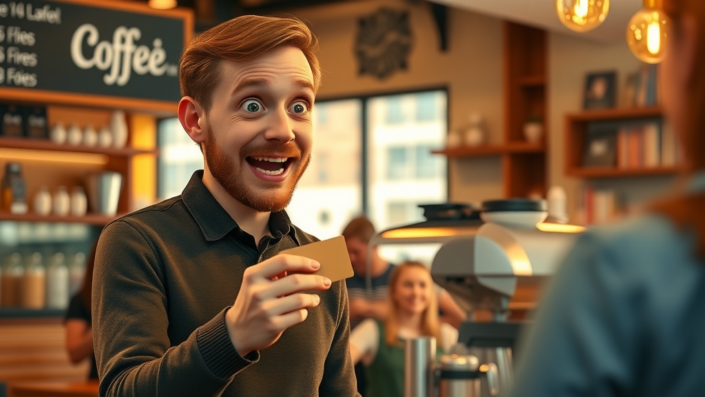 Happy customer receiving loyalty rewards at café, small business marketing ideas success story