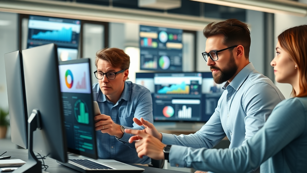 dynamic group of modern marketers analyzing digital marketing data - content marketing trends