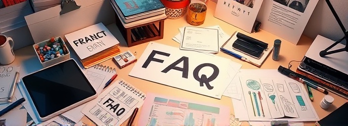 creative faq branding, inspired, creating digital designs, photorealistic, cluttered desk with graphic tablets, highly detailed, sketches and notes around, harmonious, LED desk light, shot with a macro lens.