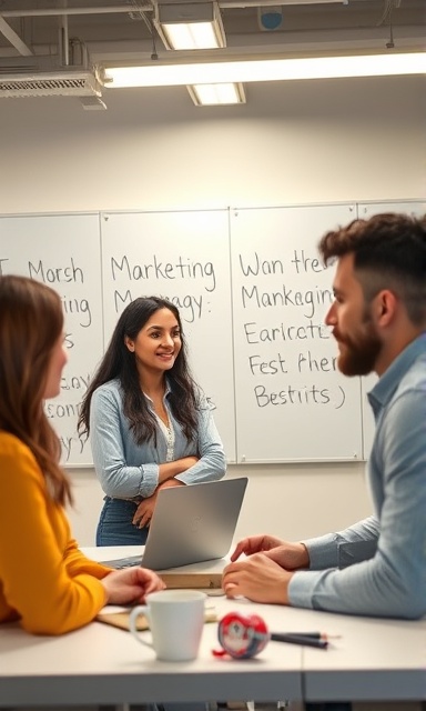 collaborative marketing success, thoughtful expression, planning marketing strategy, photorealistic, co-working space environment with whiteboards and laptops, highly detailed, slight motion of people discussing, precise definition, pastel shades, fluorescent lighting, shot with a 28mm lens