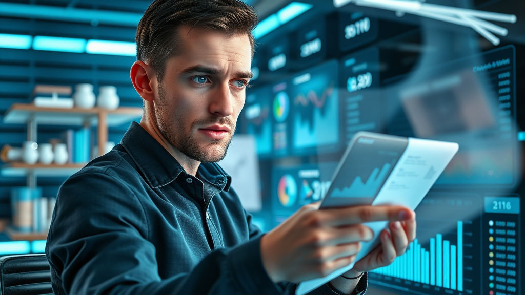 Data-driven marketer reviewing analytics and customer feedback for targeted content creation in a futuristic high-tech workspace