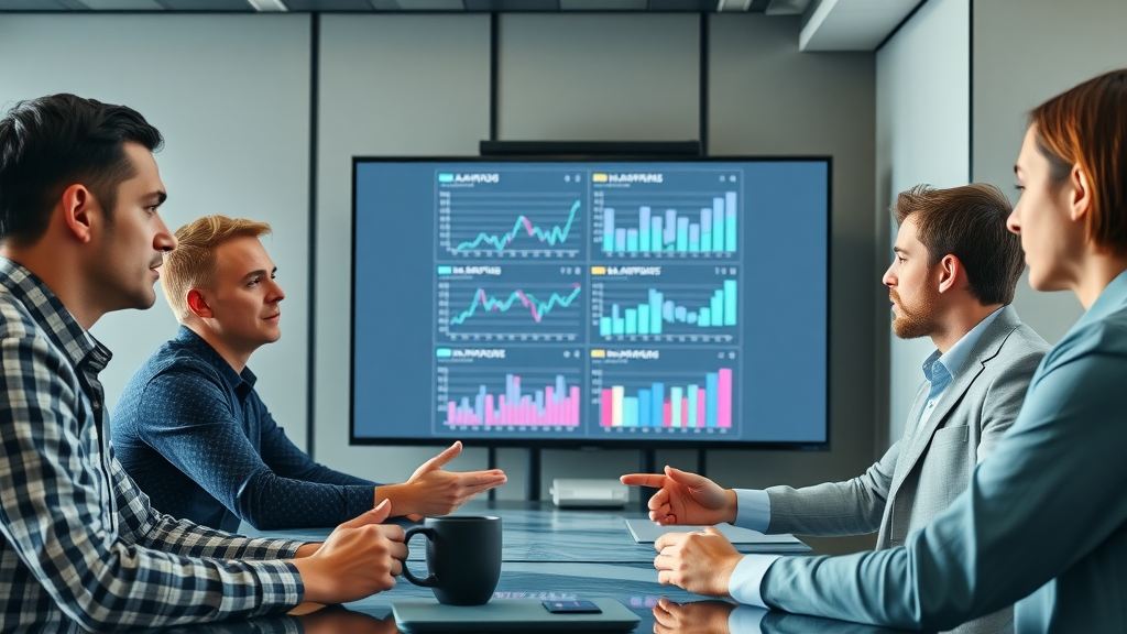 Analytical marketing team reviewing engagement analytics and metrics for targeted content creation in a high-tech conference setting