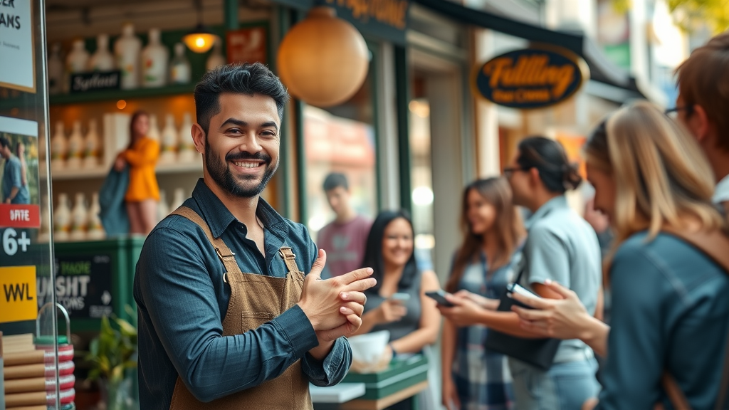 Vibrant small business storefront, confident business owner smiling, interacting with diverse customers, bustling main street, small business marketing ideas