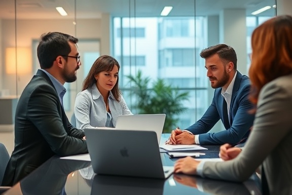 dynamic marketing services, focused, discussing with a team, photorealistic, conference room with glass walls, highly detailed, papers and laptops on table, vibrant, soft indoor lighting, shot with a 50mm lens.