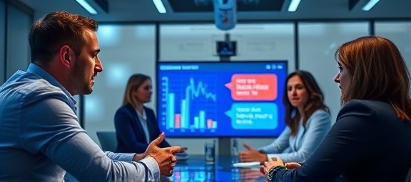 effective marketing success, determined expression, discussing marketing strategy, photorealistic, corporate meeting room with presentation screens, highly detailed, figures in active discussion, vivid portrayal, cool blue accents, soft lighting, shot with a telephoto lens