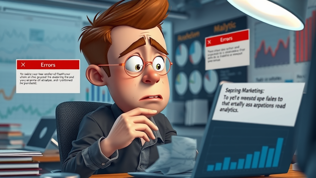 Frustrated content creator analyzing analytics errors for targeted content creation strategy at a cluttered digital desk