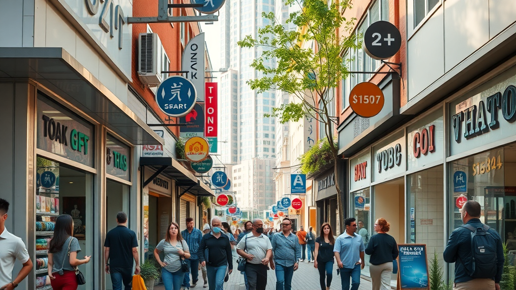 local business digital marketing bustling main street with small businesses and vibrant local market activity