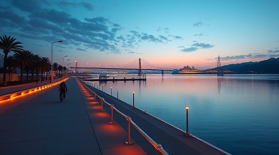 ambitious South Bay, aspirational, planning, photorealistic, waterfront promenade with joggers and bicyclists beside a reflective bay, highly detailed, dynamic reflections in the water, crystal clear quality, azure and turquoise palette, twilight lighting, shot with a 21mm lens