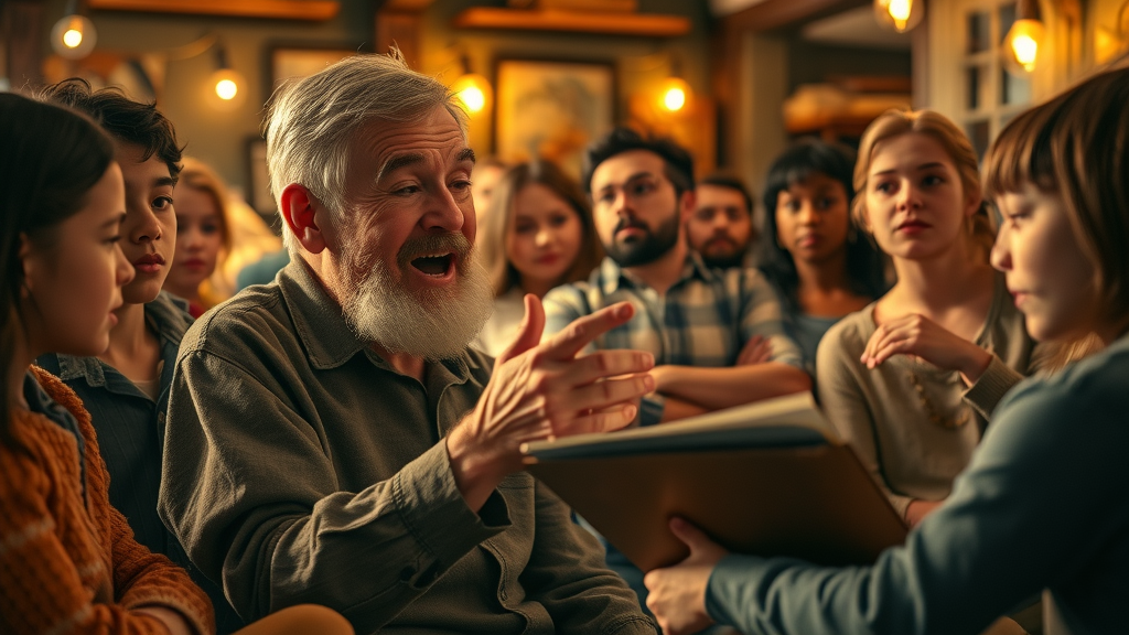 Expressive storyteller captivating a diverse audience with engaging stories in a warm, inviting content creation setting