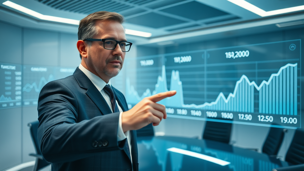 futuristic digital timeline with business leader pointing at trend graphs - content marketing trends