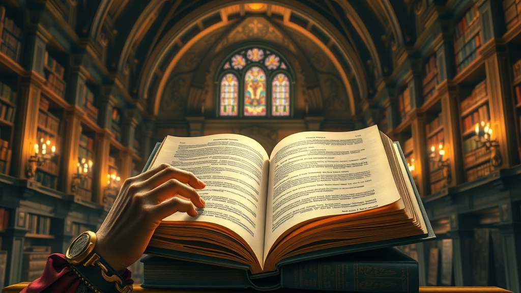 Professional blog post writer outlining targeted content structure on a digital tablet in a legendary fantasy-inspired library