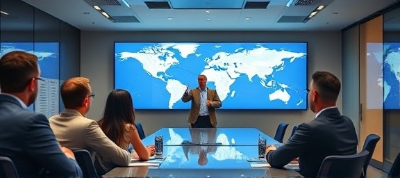 strategic marketing business, ambitious and assertive, presenting to a group, photorealistic, well-equipped boardroom with digital projectors and global maps, highly detailed, strategic markers, Sony Alpha 1, neutral colors, overhead lighting, shot with a 70-200mm lens.