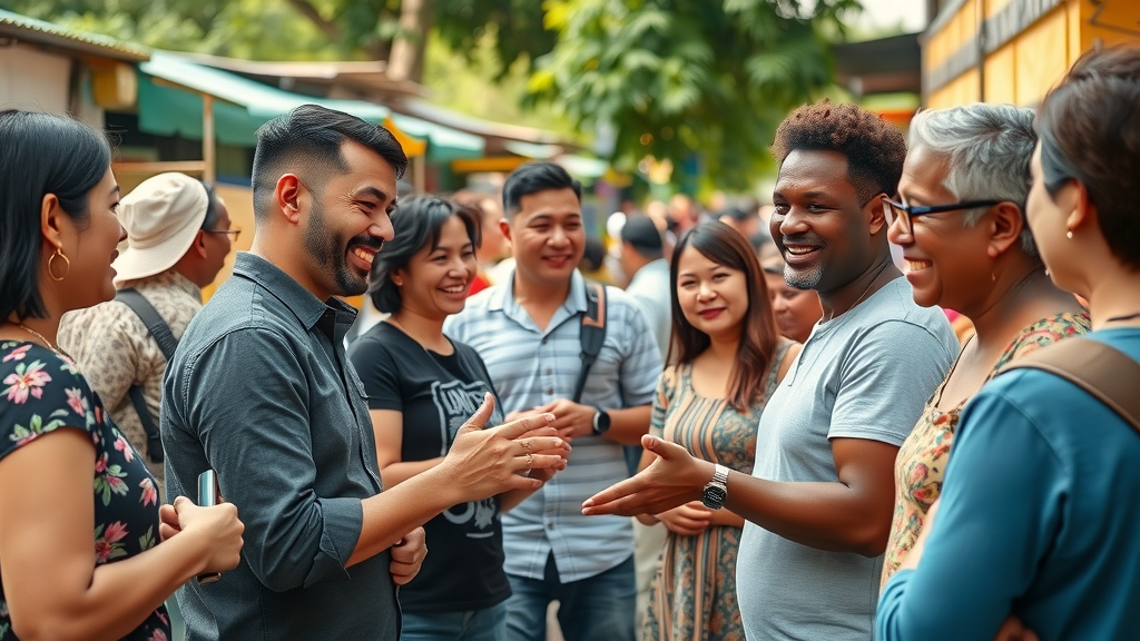Vibrant local audience engagement at a community market with smiling people and vendor booths
