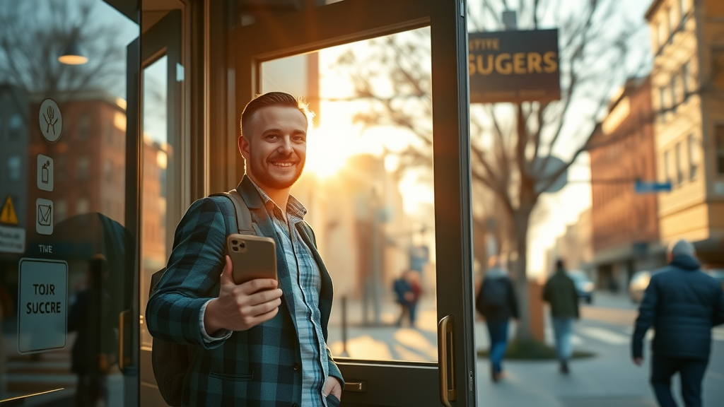 optimistic small business owner preparing for success in local business digital marketing at sunrise