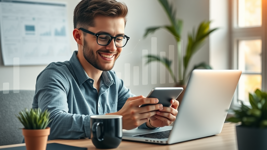 Modern workspace with young entrepreneur analyzing local audience engagement on social media platforms