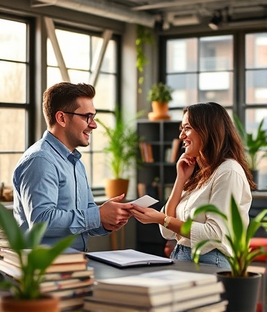 collaborative faq marketing, smiling, exchanging ideas, photorealistic, trendy co-working space with large windows, highly detailed, plants and books around, vivid, morning sunlight, shot with a 28mm lens.