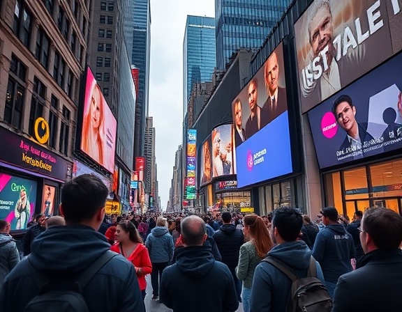 sleek socialmedia campaign, engaging and interactive, capturing audience attention, photorealistic, bustling city streets during a campaign rollout, highly detailed, interactive digital screens, 4K quality, bold colors, balanced natural lighting, shot with a Nikon AF-S NIKKOR 14-24mm f/2.8G ED lens.