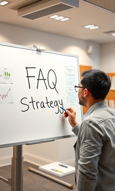 strategic faq strategy, thoughtful, writing on a whiteboard, photorealistic, spacious meeting room with corkboards, highly detailed, markers and diagrams, balanced, overhead lighting, shot with a 85mm lens.