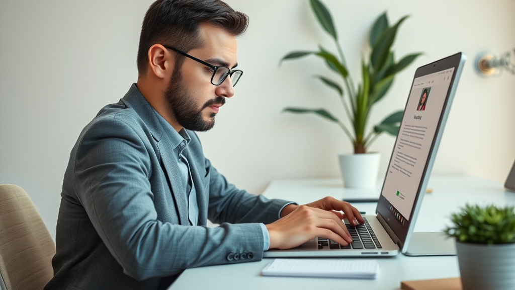 Business owner typing blog post, high-value content marketing strategy for small business marketing ideas