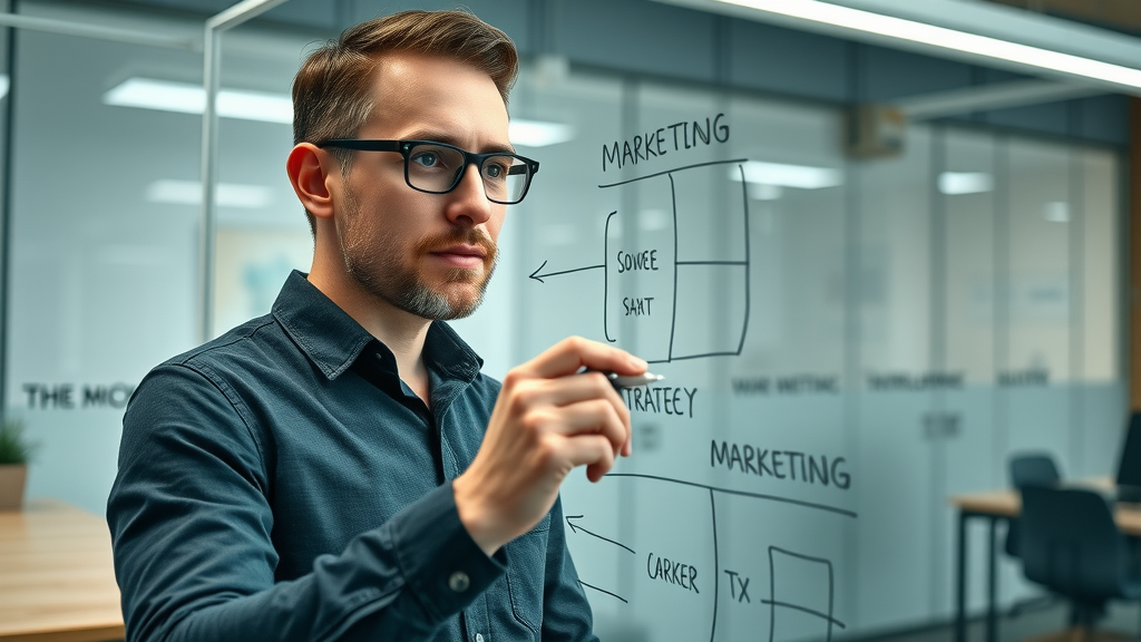 Entrepreneur planning custom marketing strategy, brainstorming small business marketing ideas