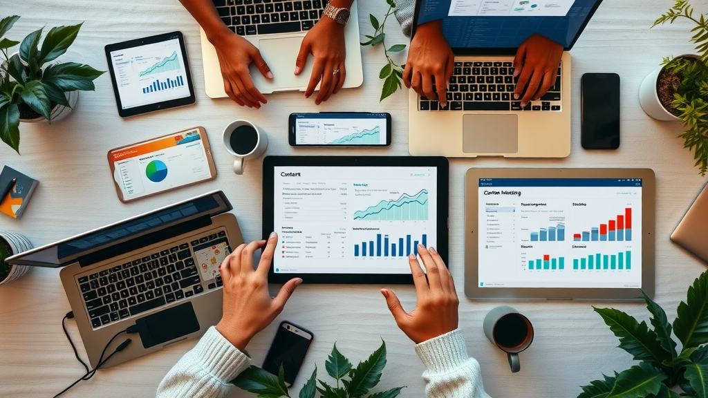 sleek presentation of top content marketing tools including laptops, analytics dashboards, creative apps, content marketing tool organized, polished agency style