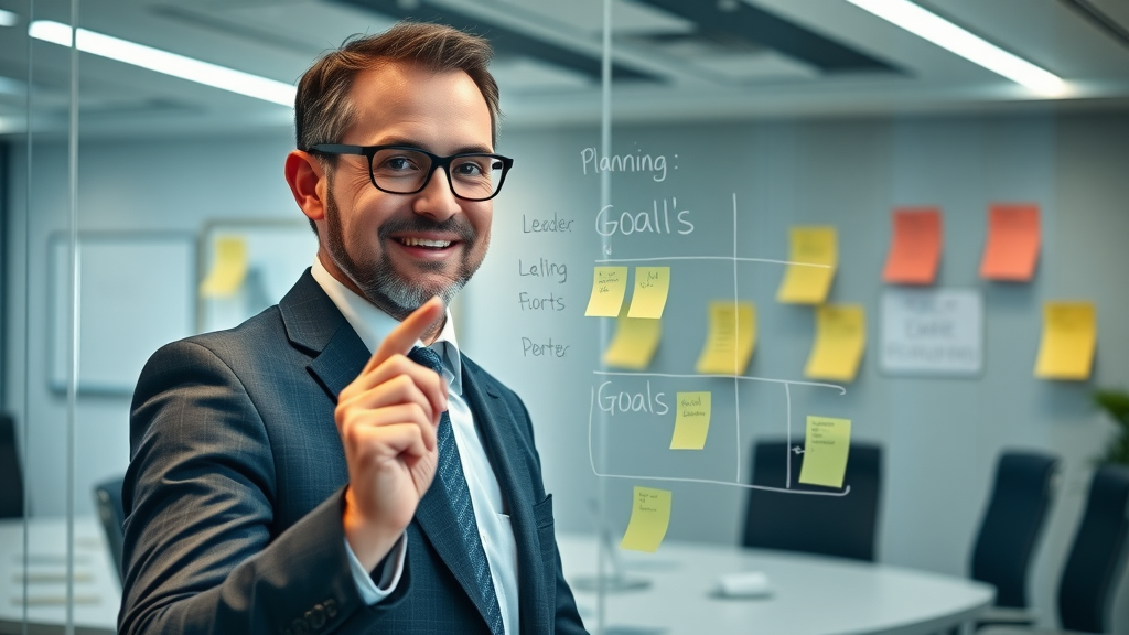 marketing strategy leader planning content marketing goals on transparent board