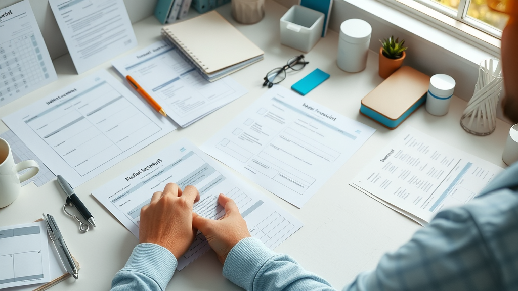 Organized digital workspace with printed targeted content checklists and content creation templates neatly arranged on a desk