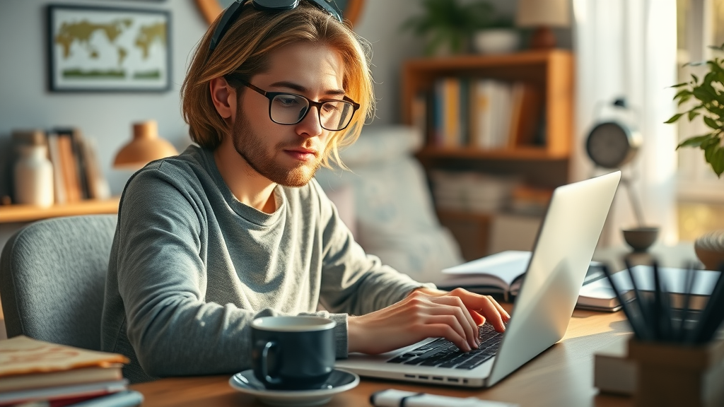 Creative content creator drafting a targeted blog post for social media engagement at a cozy home office with natural sunlight