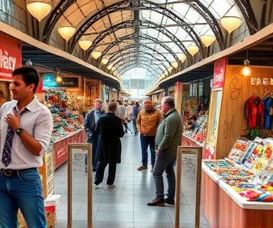 energetic Bay marketing, persuasive, presenting, photorealistic, open space with lively market stalls and entrepreneurs displaying their products, highly detailed, people in animated conversations, HDR quality, warm hues, soft morning light, shot with a 85mm lens